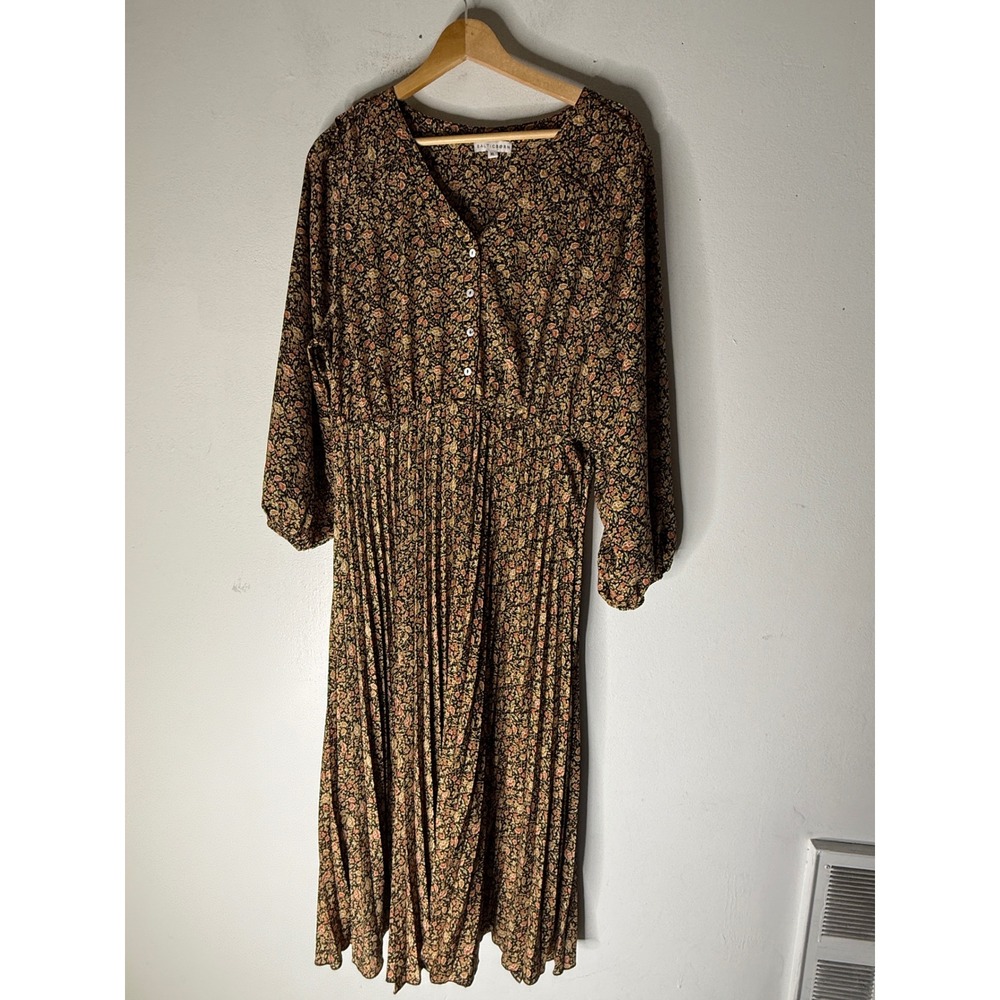 Baltic born floral pleated midi dress boho black orange XL
